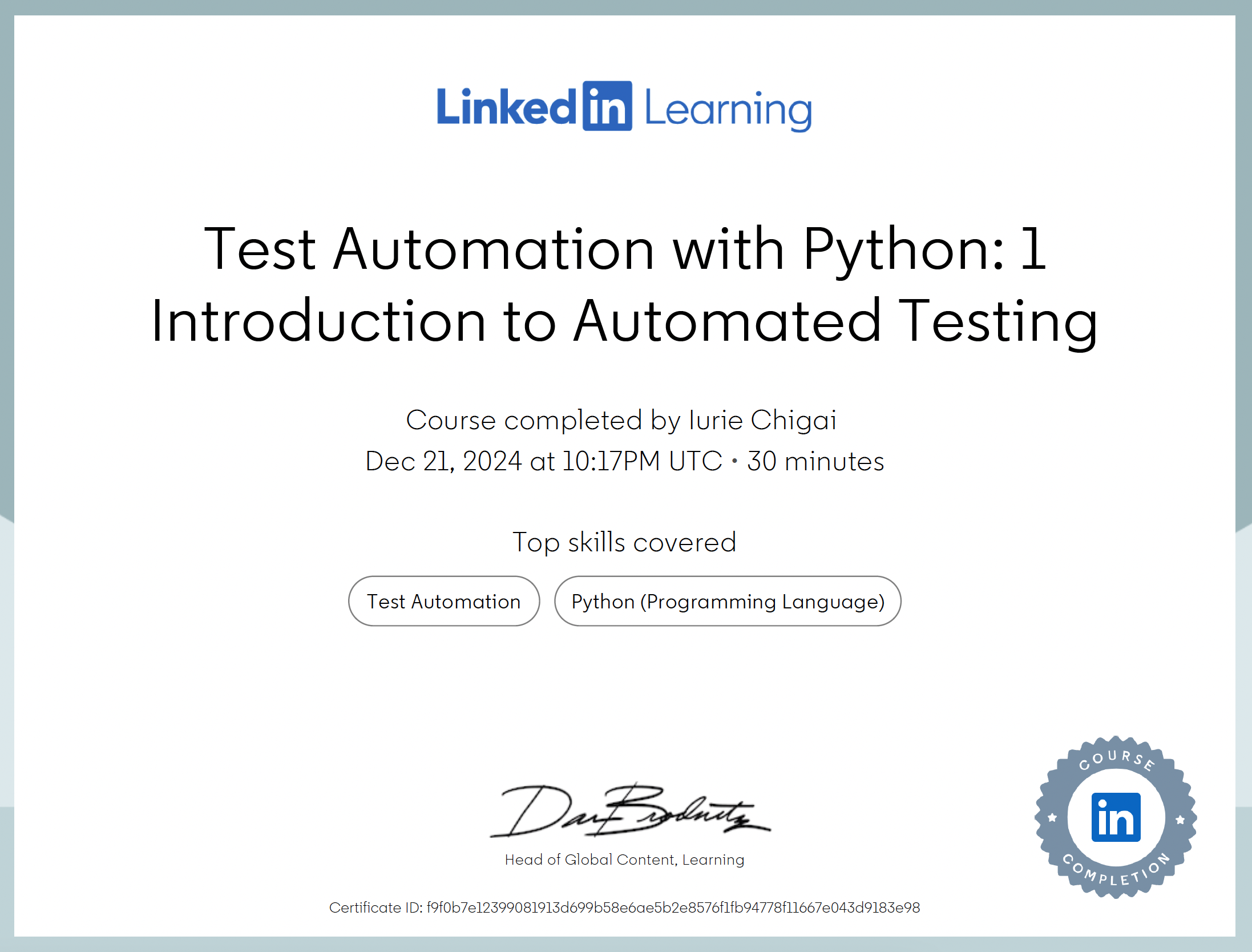 Test Automation with Python certificate issued by Linkedin